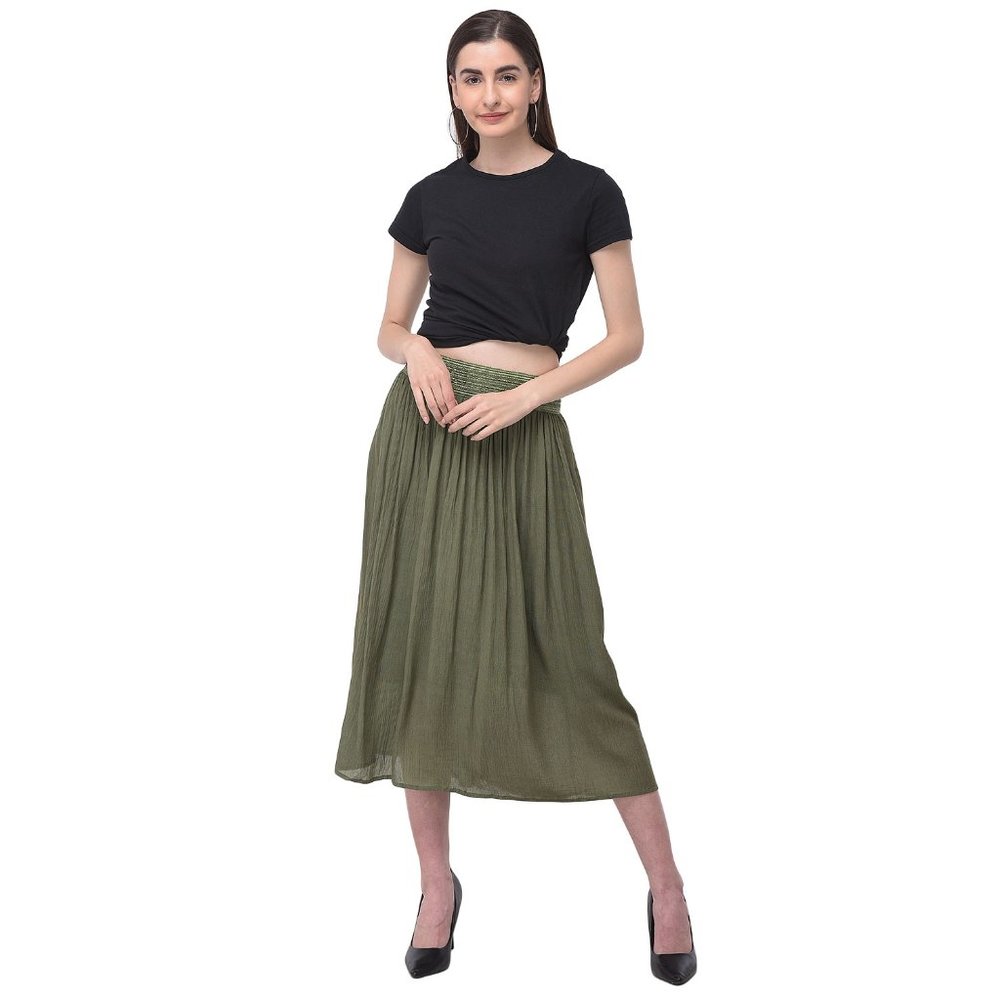 Solid Olive Rayon Midi Skirt for Women